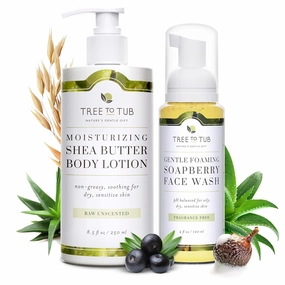 Tree to Tub Unscented Shea Butter Body Lotion for Dry Skin & Sensitive Skin Face Wash for Dry Skin - Fragrance Free Sensitive Skin Lotion & Gentle Hydrating Face Cleanser for Women & Men