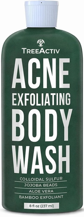 TreeActiv Acne Exfoliating Body Wash, 8oz, Foam Cleanser for All Skin Types, Sulfur, Aloe Vera, Jojoba Beads