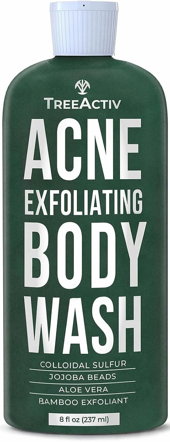 TreeActiv Acne Exfoliating Body Wash, 8oz, Foam Cleanser for All Skin Types, Sulfur, Aloe Vera, Jojoba Beads