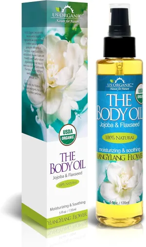 US Organic Body Oil - Rich Floral Ylang Ylang - Jojoba and Flaxseed Oil with Vitamin E, USDA Organic, No Alcohol, Paraben, Artificial Detergents, Color or Synthetic perfumes, 5 Fl.oz. (YlangYlang)