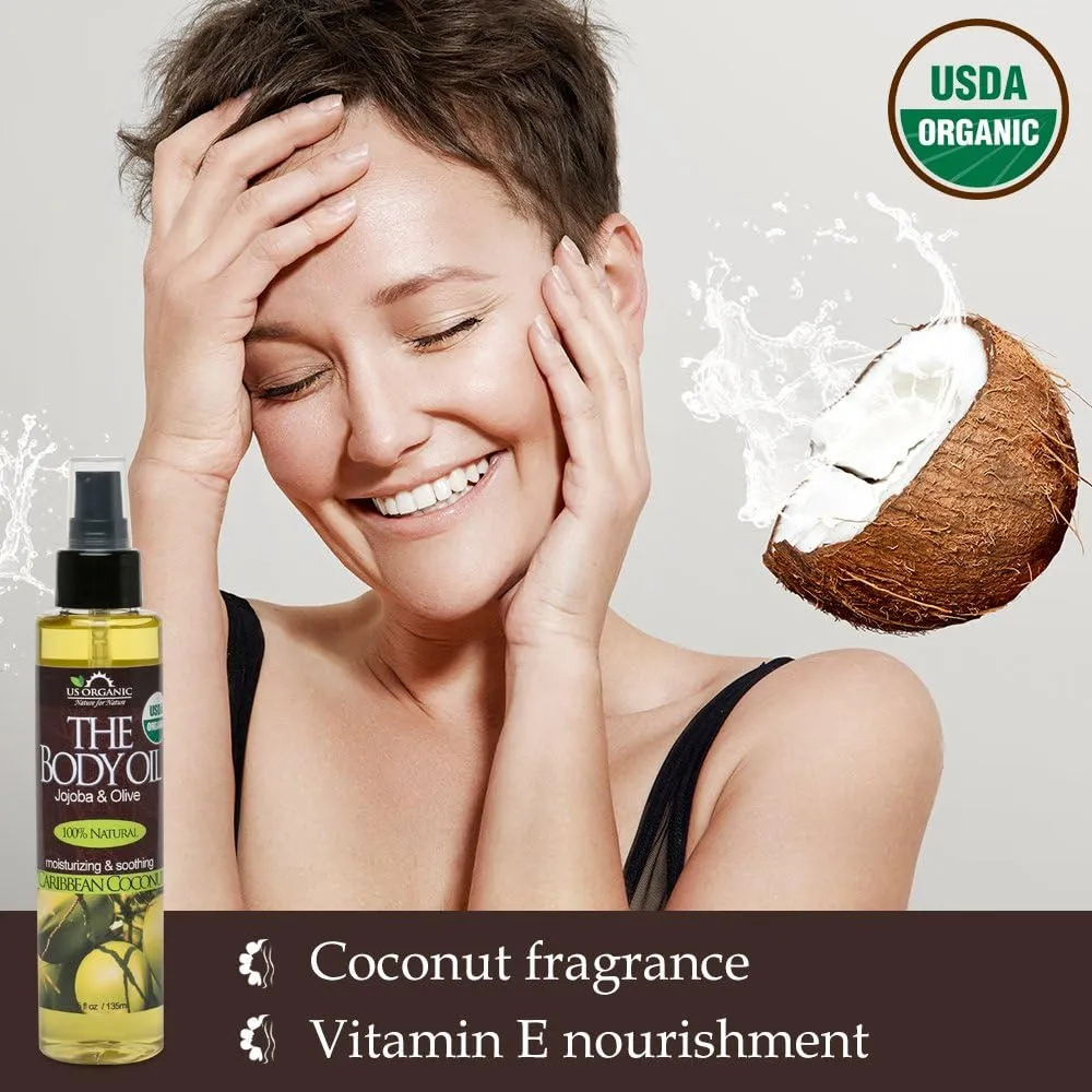 US Organic Body Oil, Smooth Caribbean Coconut - Jojoba and Olive Oil with Vitamin E, USDA Certified, No Alcohol, Paraben, Artificial Detergents, Color or Synthetic perfume, 5 Fl.oz (Caribbean Coconut)