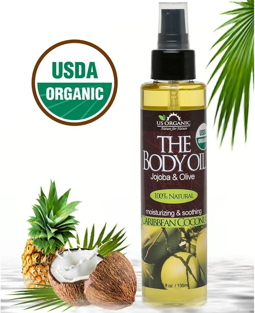 US Organic Body Oil, Smooth Caribbean Coconut - Jojoba and Olive Oil with Vitamin E, USDA Certified, No Alcohol, Paraben, Artificial Detergents, Color or Synthetic perfume, 5 Fl.oz (Caribbean Coconut)