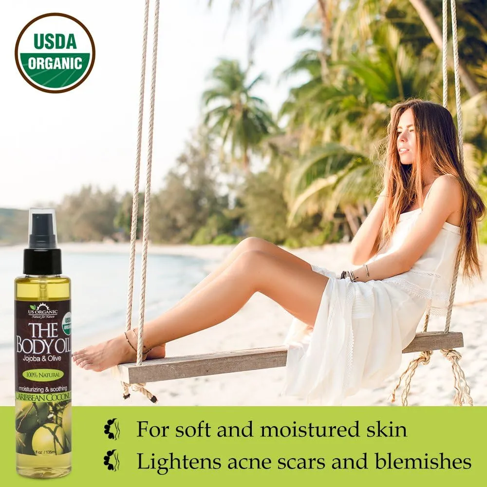 US Organic Body Oil, Smooth Caribbean Coconut - Jojoba and Olive Oil with Vitamin E, USDA Certified, No Alcohol, Paraben, Artificial Detergents, Color or Synthetic perfume, 5 Fl.oz (Caribbean Coconut)