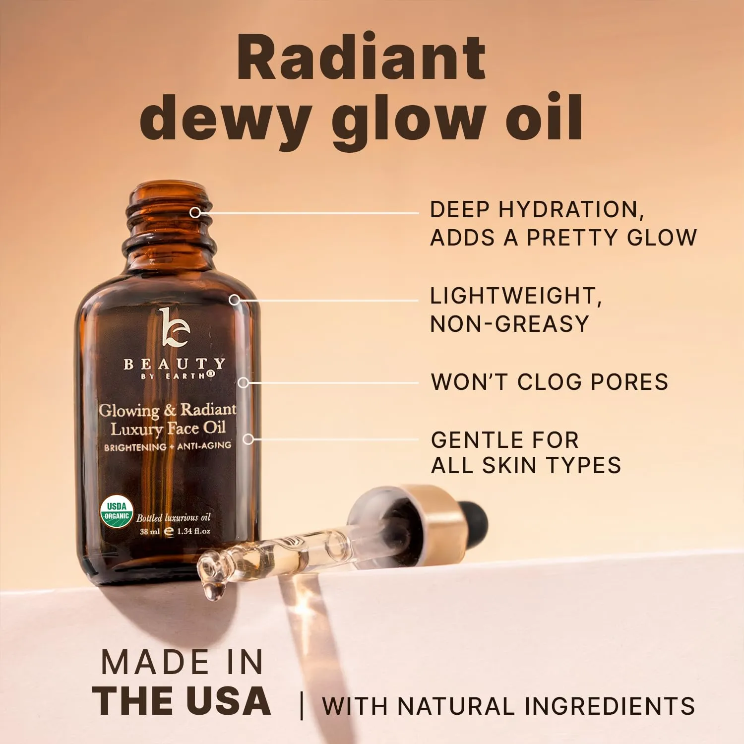 USDA Organic Face Oil – USA Made with Natural Ingredients, Brightens & Smooths Fine Lines & Wrinkles, Non-comedogenic Lightweight Facial Oil for Dry & Sensitive Skin with Moringa, Jojoba & Argan Oils