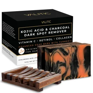 VALITIC Charcoal Kojic Acid Turmeric Black Soap Bar Dark Spot Remover for Body or Face Wash - 2 Pack and Holder