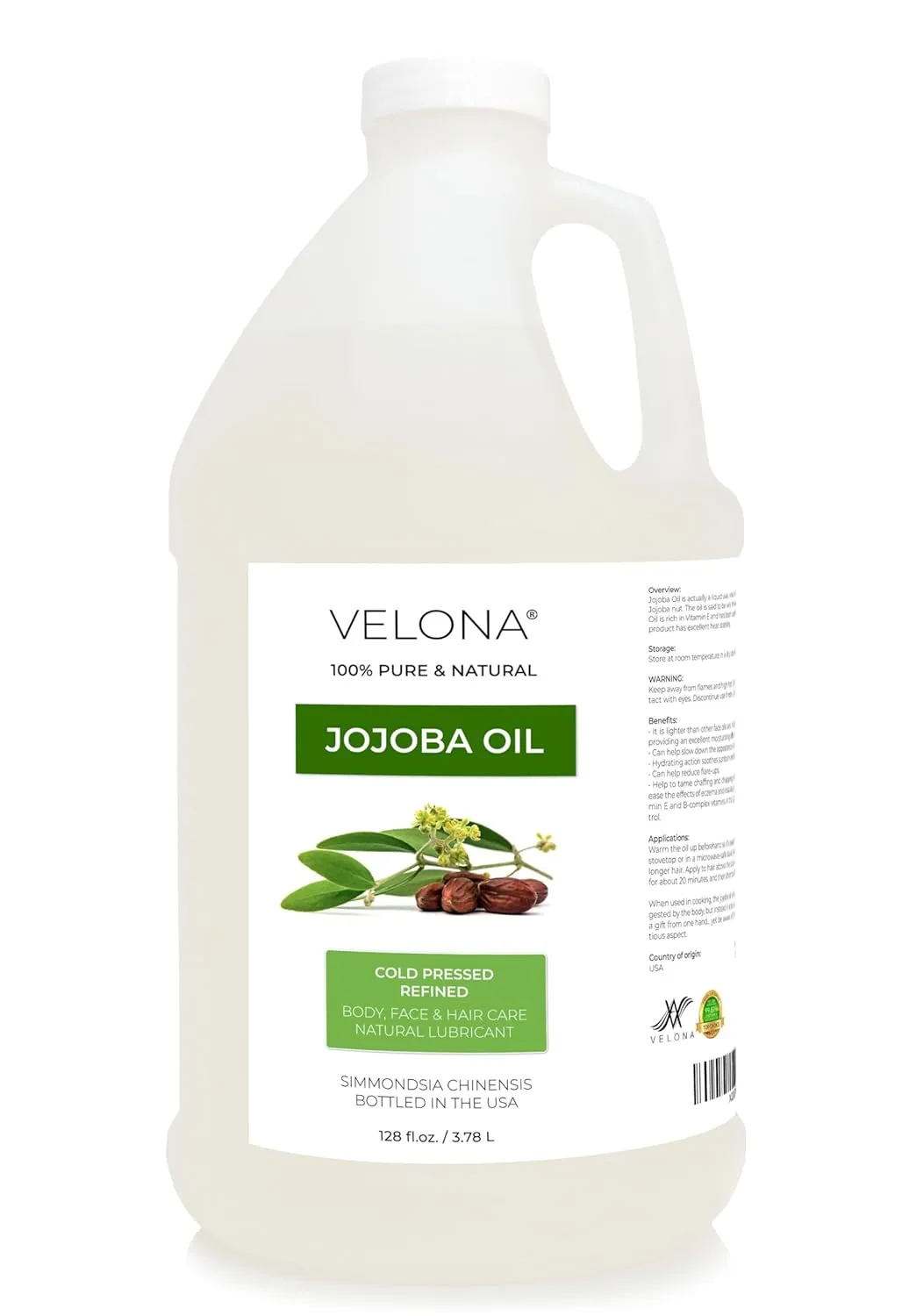 velona Jojoba Oil 1 Gallon / 128 Fl Oz | 100% Pure and Natural Carrier Oil | Clear, Refined, Cold Pressed | Moisturizing Face, Hair, Body and Skin Care | Use Today - Enjoy Results