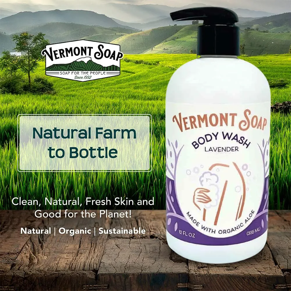 VERMONT SOAP Body Wash, Natural Body Wash with Shea Butter, Mild Gel Body Wash for Moisturizing and Soothing Skin, Fragrance Free Body Wash for Women & Men (Lavender, 12oz)