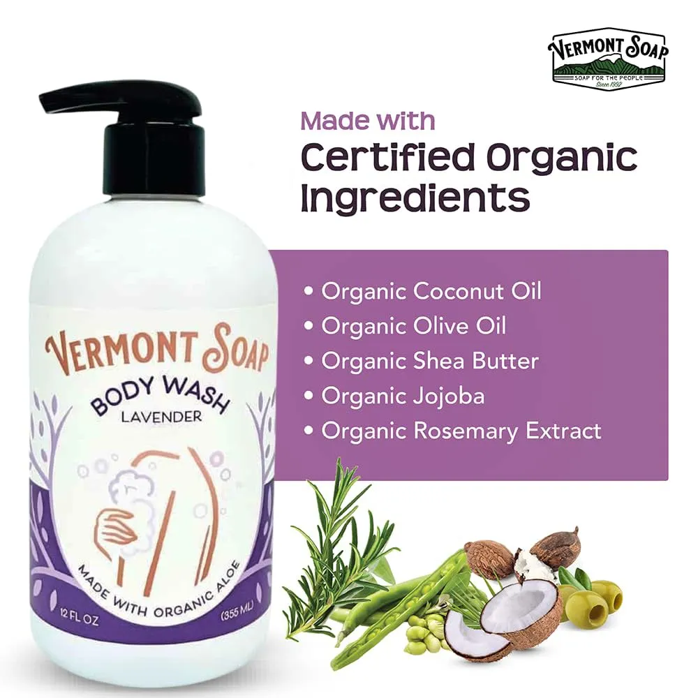 VERMONT SOAP Body Wash, Natural Body Wash with Shea Butter, Mild Gel Body Wash for Moisturizing and Soothing Skin, Fragrance Free Body Wash for Women & Men (Lavender, 12oz)