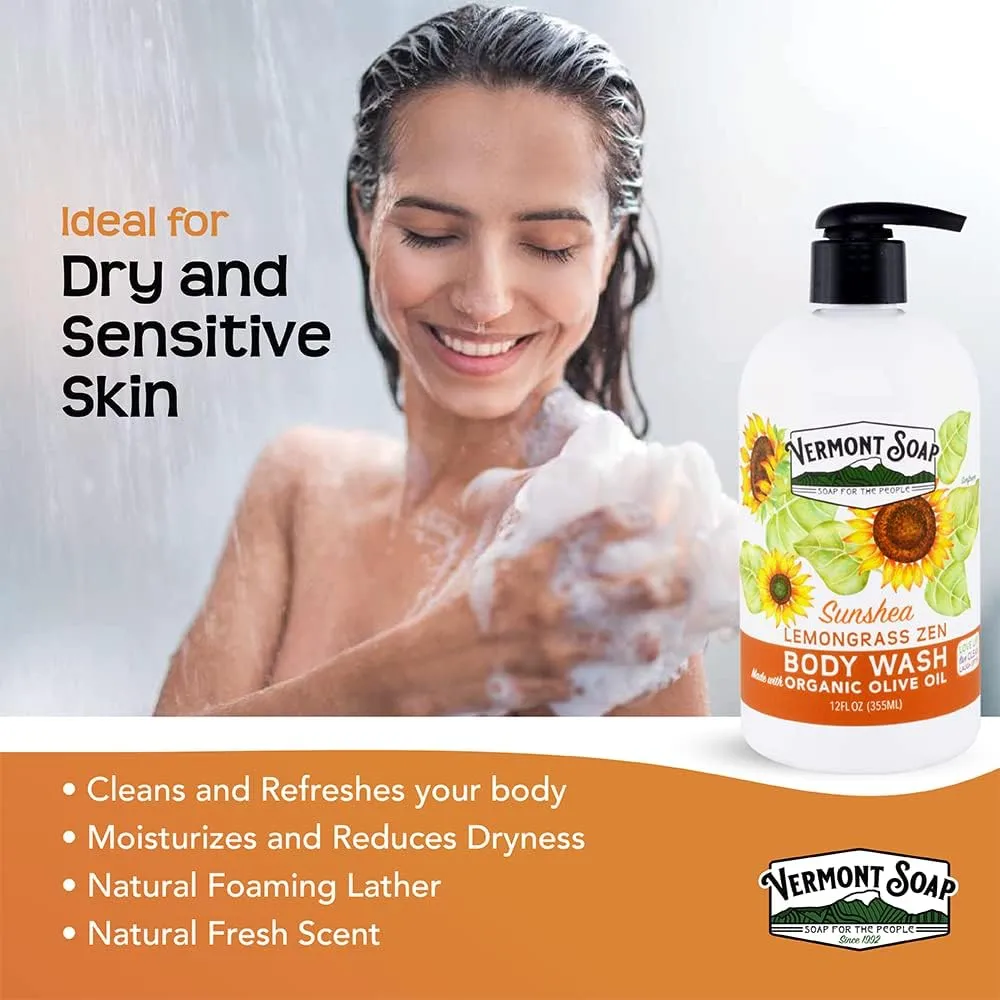 VERMONT SOAP Body Wash, Natural Body Wash with Shea Butter, Mild Gel Body Wash for Moisturizing and Soothing Skin, Fragrance Free Body Wash for Women & Men (Lemongrass Zen, 12oz)