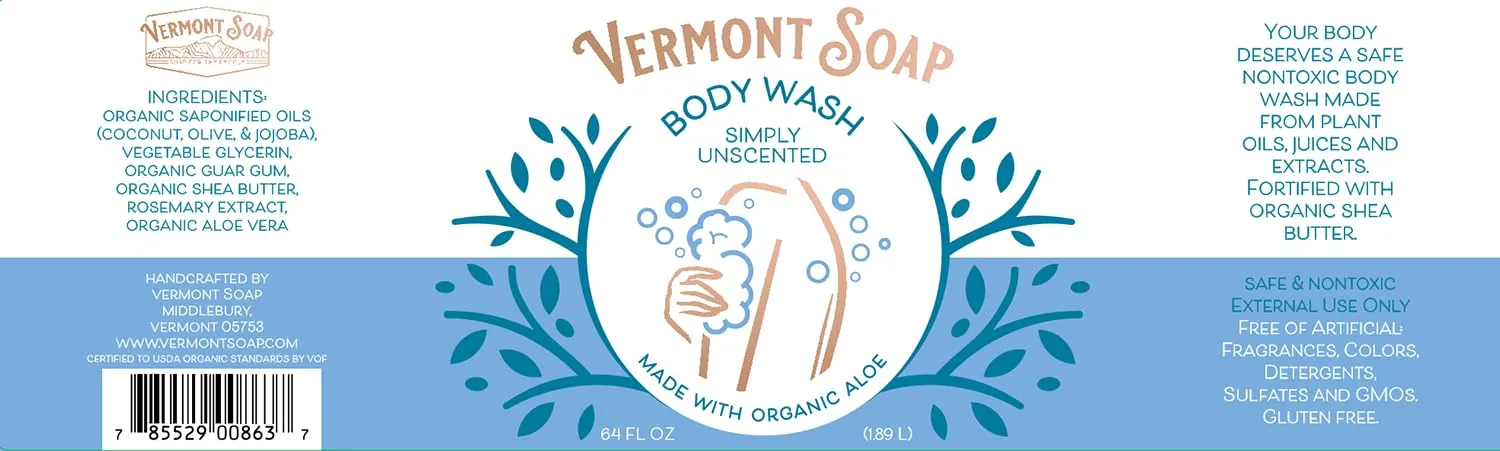 VERMONT SOAP Body Wash, Natural Body Wash with Shea Butter, Mild Gel Body Wash for Moisturizing and Soothing Skin, Fragrance Free Body Wash for Women & Men (Simply Unscented, 64oz)