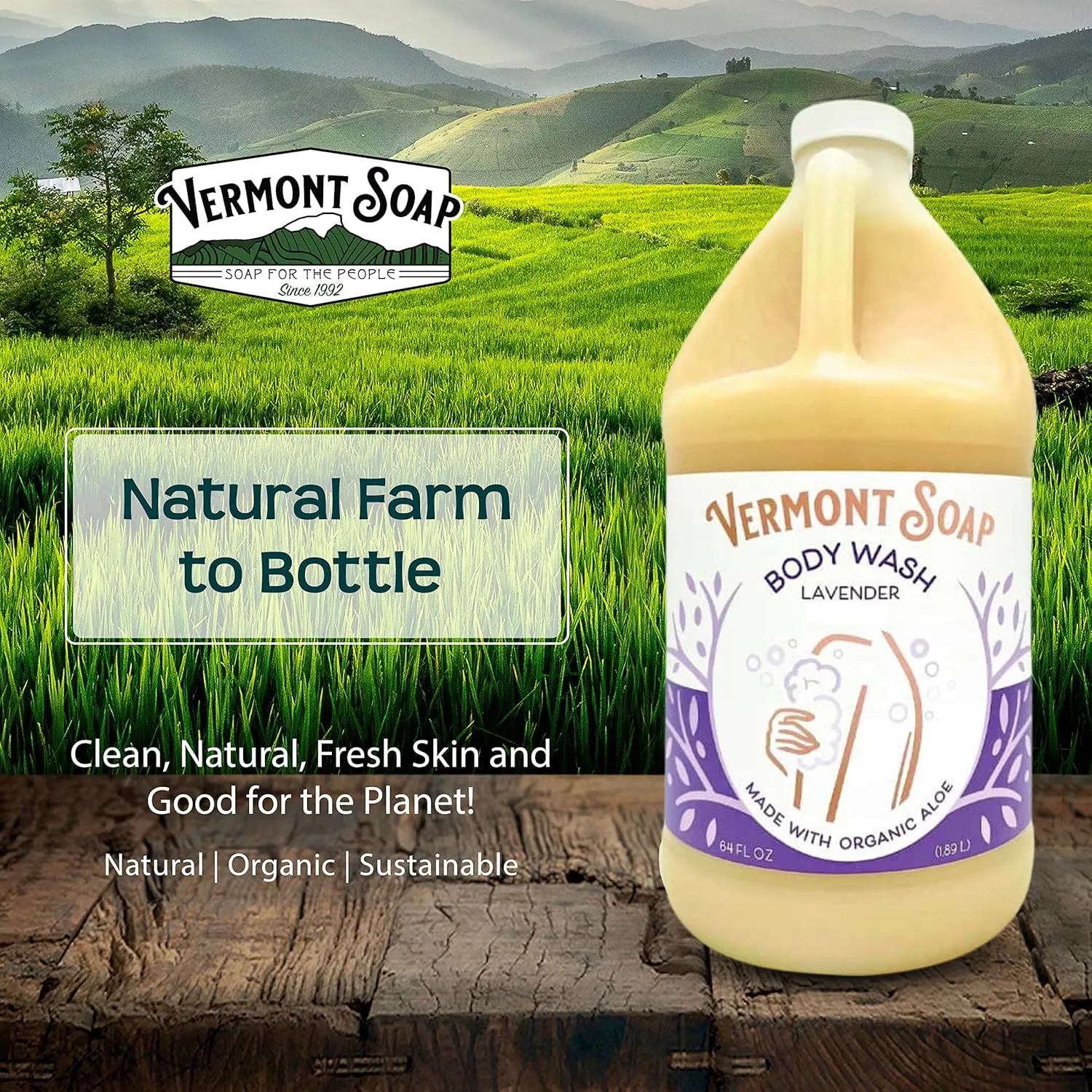VERMONT SOAP Natural Body Wash with Shea Butter, Mild Gel Body Wash for Moisturizing and Soothing Skin, Fragrance Free Body Wash for Women & Men (Lavender, 64oz)