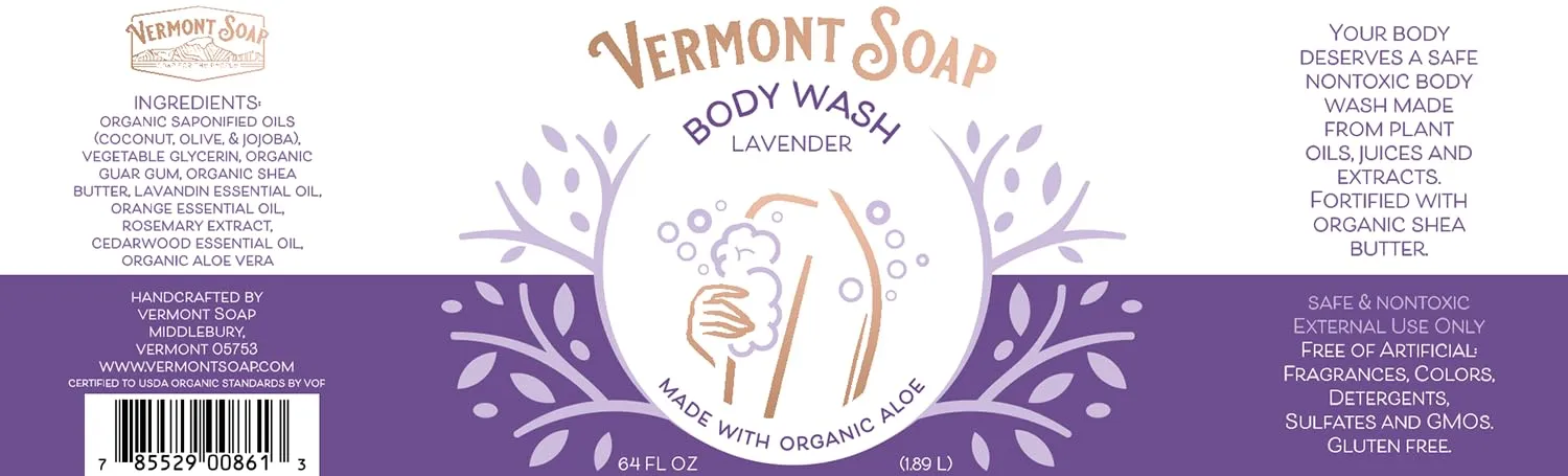 VERMONT SOAP Natural Body Wash with Shea Butter, Mild Gel Body Wash for Moisturizing and Soothing Skin, Fragrance Free Body Wash for Women & Men (Lavender, 64oz)