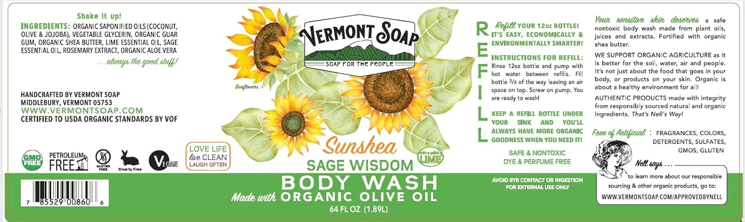 VERMONT SOAP , Natural body wash with Shea Butter, Mild Gel for Moisturizing and Soothing Skin, Fragrance Free for Women & Men (Sage Lime Wisdom, 64oz)