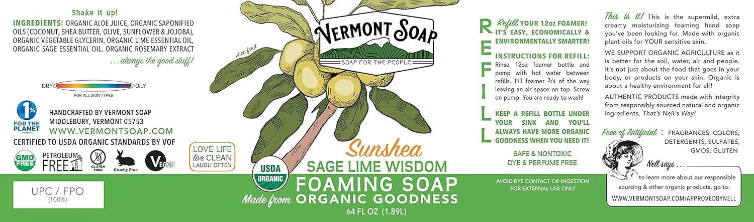 Vermont Soap Organic Sage Lime Wisdom Foaming Hand Soap - Natural Moisturizing Soap for Dry Skin - Fragrance Free Liquid Bathroom Hand Soap - Sage Lime Wisdom - 64 oz