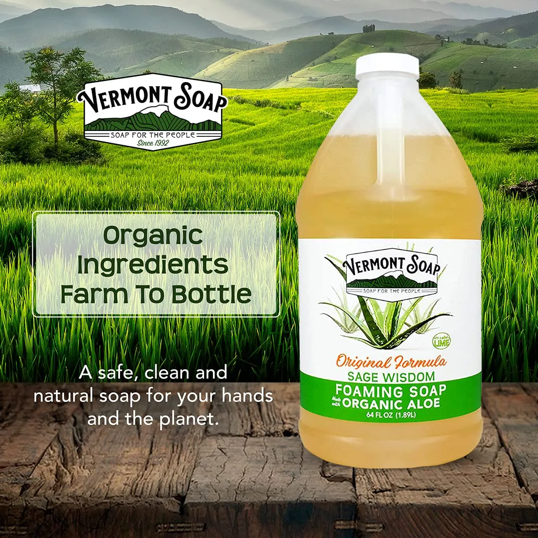 Vermont Soap Organic Sage Lime Wisdom Foaming Hand Soap - Natural Moisturizing Soap for Dry Skin - Fragrance Free Liquid Bathroom Hand Soap - Sage Lime Wisdom - 64 oz