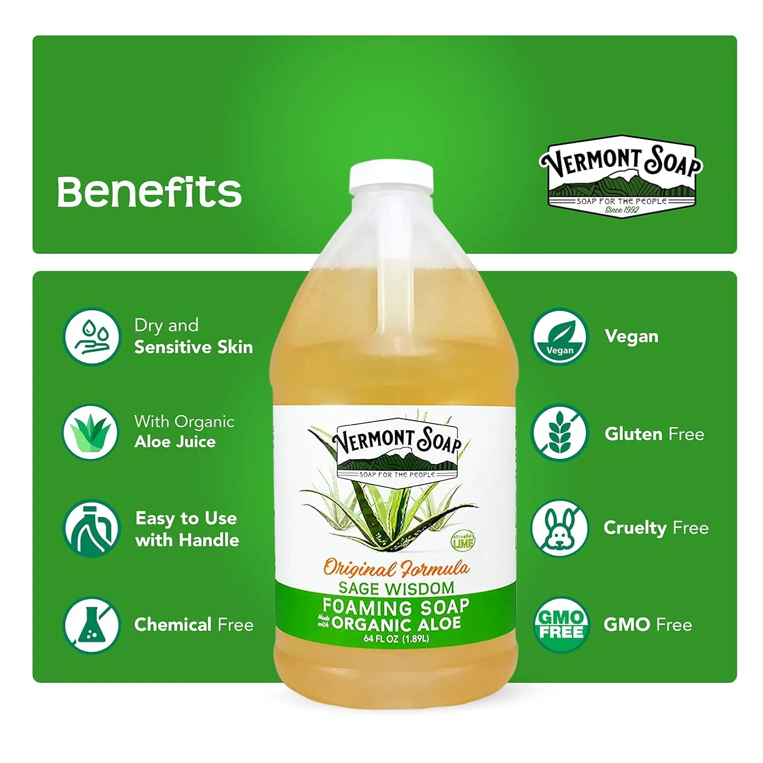 Vermont Soap Organic Sage Lime Wisdom Foaming Hand Soap - Natural Moisturizing Soap for Dry Skin - Fragrance Free Liquid Bathroom Hand Soap - Sage Lime Wisdom - 64 oz