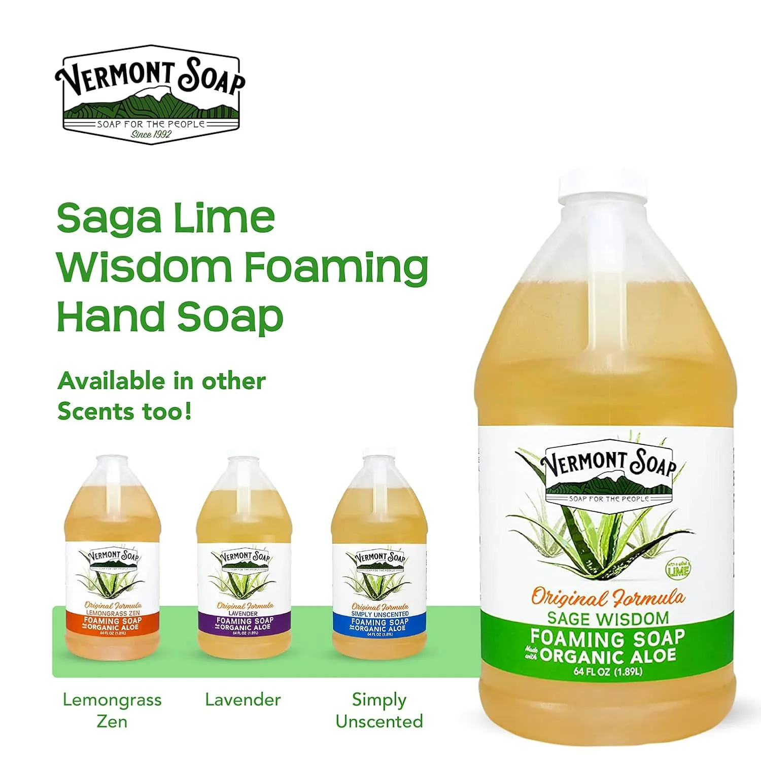 Vermont Soap Organic Sage Lime Wisdom Foaming Hand Soap - Natural Moisturizing Soap for Dry Skin - Fragrance Free Liquid Bathroom Hand Soap - Sage Lime Wisdom - 64 oz