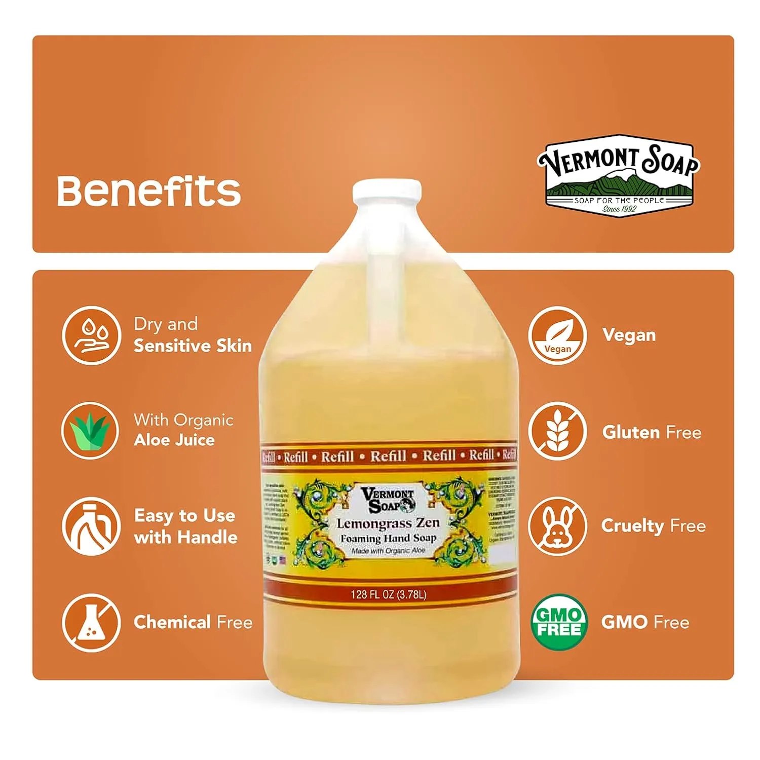 VERMONT SOAP Organics Foaming Hand Soap, Liquid Soap with Pre-diluted Formula - Ready to Use Lemongrass Hand Soap With Convenient and Economical Gallon Refill Size