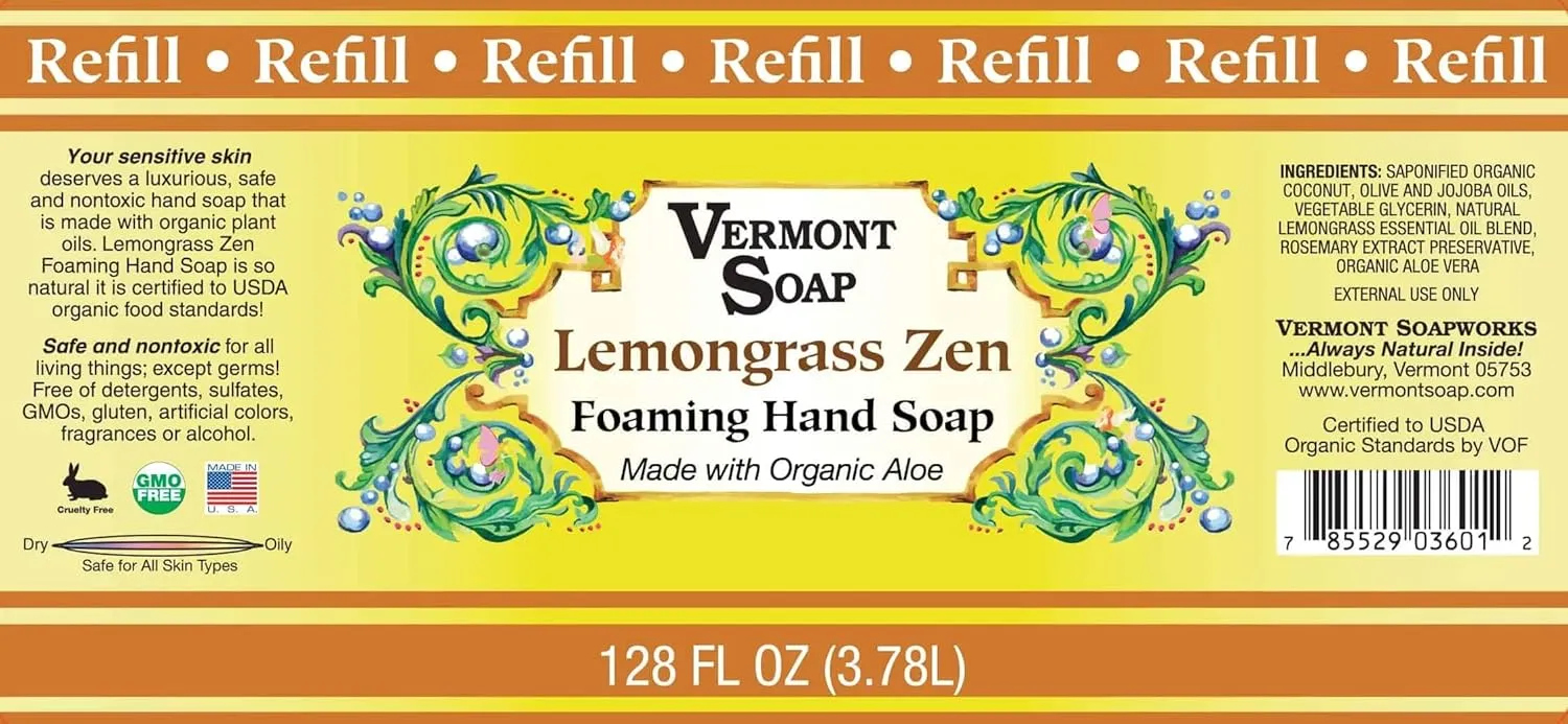 VERMONT SOAP Organics Foaming Hand Soap, Liquid Soap with Pre-diluted Formula - Ready to Use Lemongrass Hand Soap With Convenient and Economical Gallon Refill Size