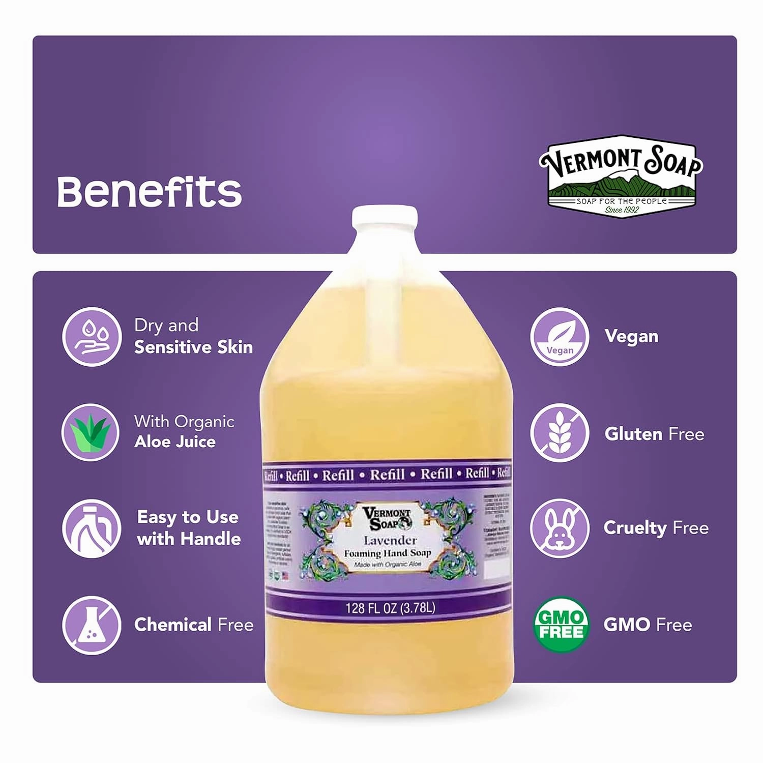 VERMONT SOAP Organics Foaming Hand Soap, Liquid Soap with Pre-diluted Formula - Ready to Use Hand Soap Lavender With Convenient and Economical Gallon Refill