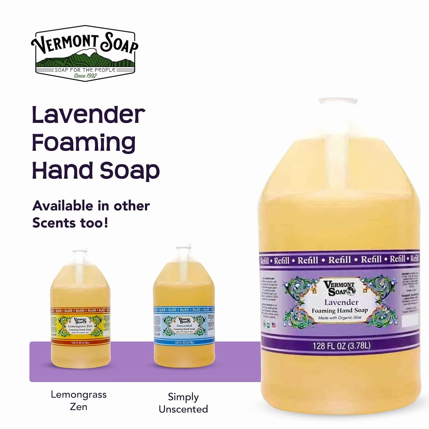 VERMONT SOAP Organics Foaming Hand Soap, Liquid Soap with Pre-diluted Formula - Ready to Use Hand Soap Lavender With Convenient and Economical Gallon Refill