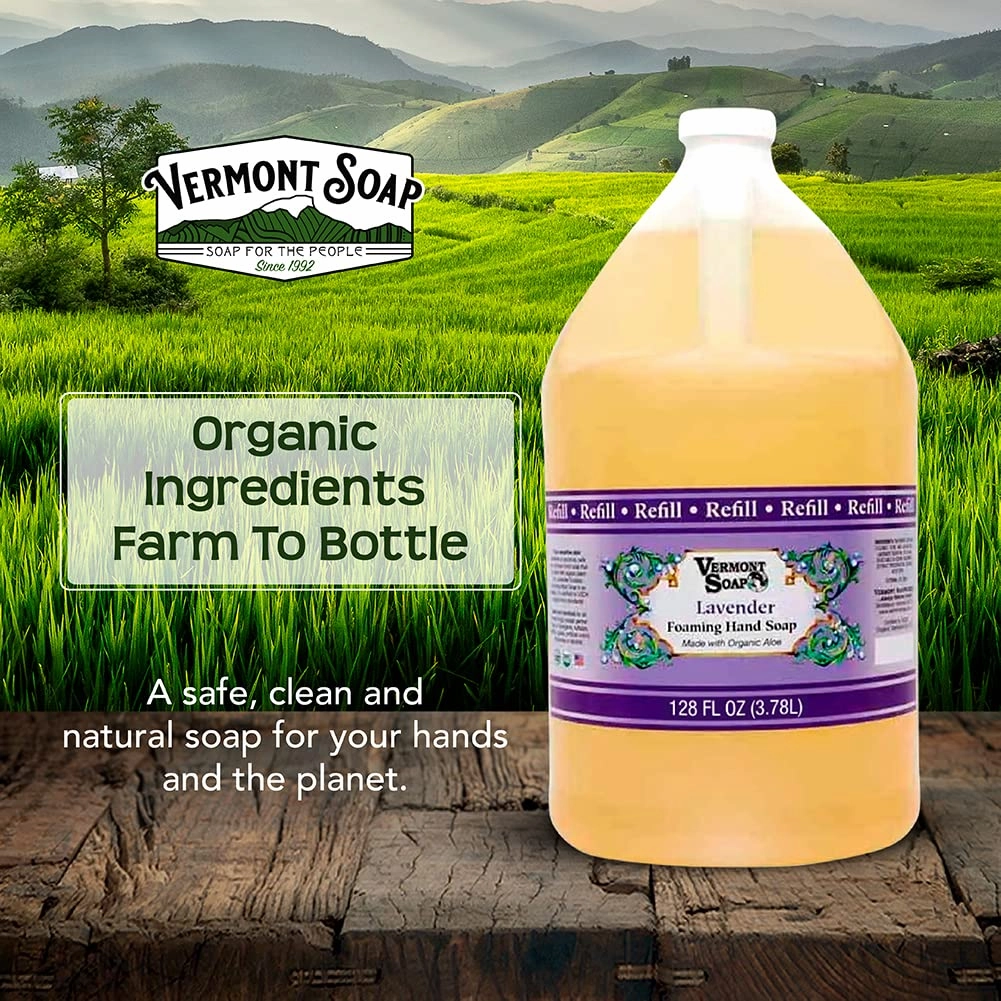 VERMONT SOAP Organics Foaming Hand Soap, Liquid Soap with Pre-diluted Formula - Ready to Use Hand Soap Lavender With Convenient and Economical Gallon Refill