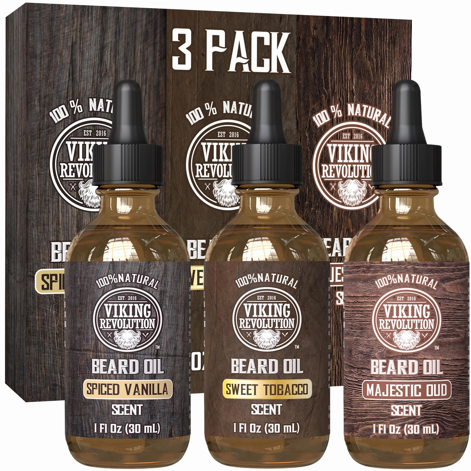 Viking Revolution Beard Oil for Men 3 Pack - Natural Mens Beard Oil Variety Set - Spiced Vanilla, Sweet Tobacco, Majestic Oud - Beard Conditioning and Moisturizing for a Healthy Beard (3 Pack, 1oz)
