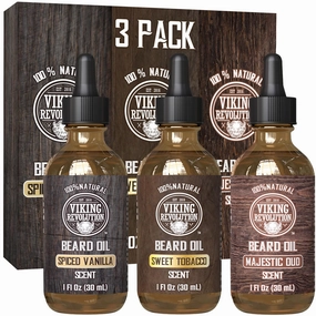 Viking Revolution Beard Oil for Men 3 Pack - Natural Mens Beard Oil Variety Set - Spiced Vanilla, Sweet Tobacco, Majestic Oud - Beard Conditioning and Moisturizing for a Healthy Beard (3 Pack, 1oz)