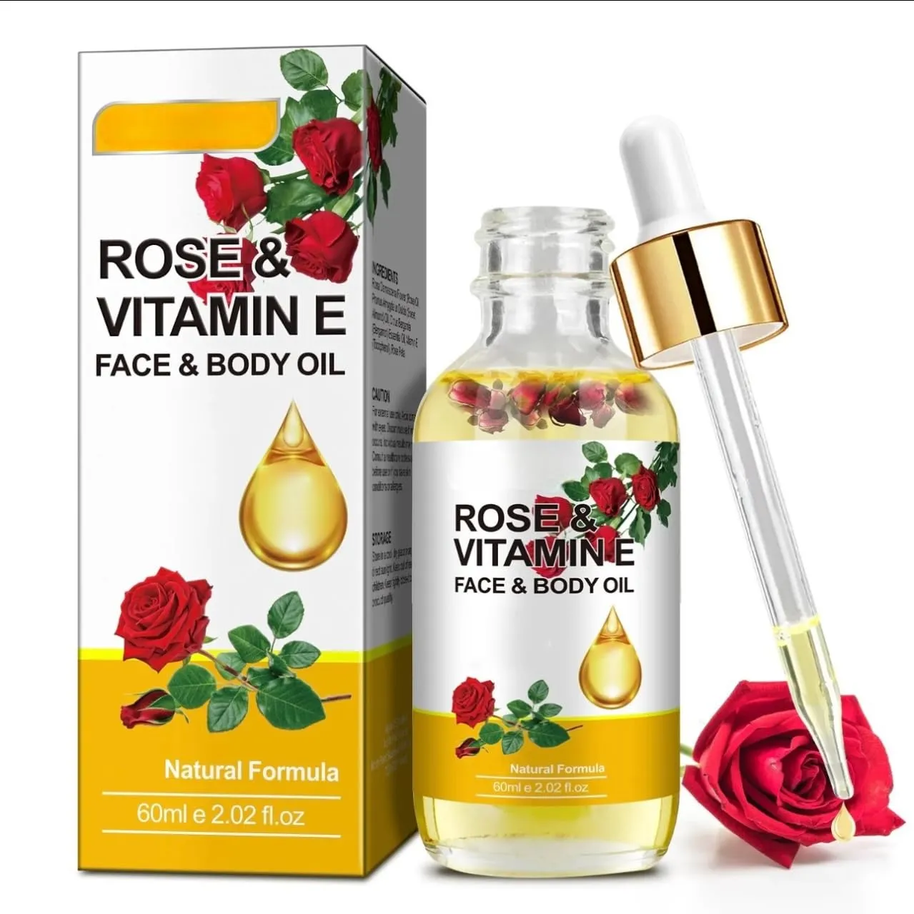 Vitamin E & Rose Face & Body Oil – 100% Natural Rosehip & Antioxidant Serum for Skin Hydration, Wrinkle Reduction, Scar & Stretch Mark Repair – Lightweight Non‑Greasy Glow Oil - 2.02 fl oz