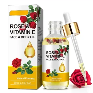 Vitamin E & Rose Face & Body Oil – 100% Natural Rosehip & Antioxidant Serum for Skin Hydration, Wrinkle Reduction, Scar & Stretch Mark Repair – Lightweight Non‑Greasy Glow Oil - 2.02 fl oz