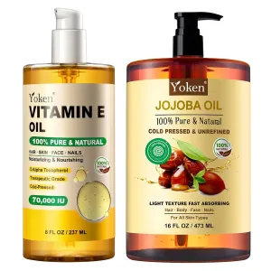 Vitamin E Oil 8 fl oz and Jojoba Oil 16 fl oz Set: Cold Pressed, Virgin, Organic Oil for Face, Hair, Body, After Bath - 100% Natural Moisturizing Skin Oil Smooth Scars Dry Skin