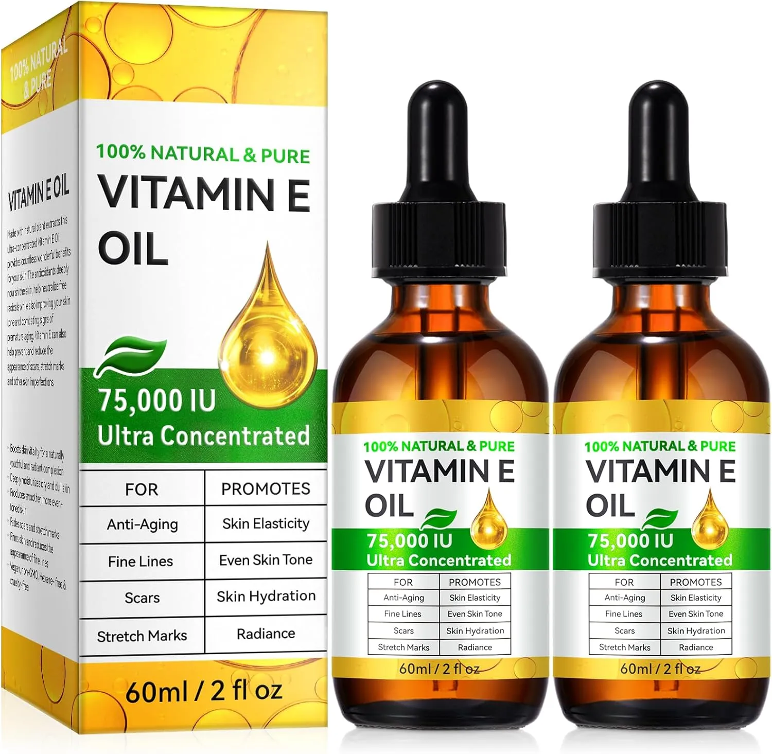 Vitamin E Oil for Skin - 75,000 IU | Vitamin E Oil for Scars, Stretch Marks, Wrinkles, 100% Natural d-Alpha Tocopherol for Face & Hair, Moisturizing Anti-Aging (4 Fl Oz)