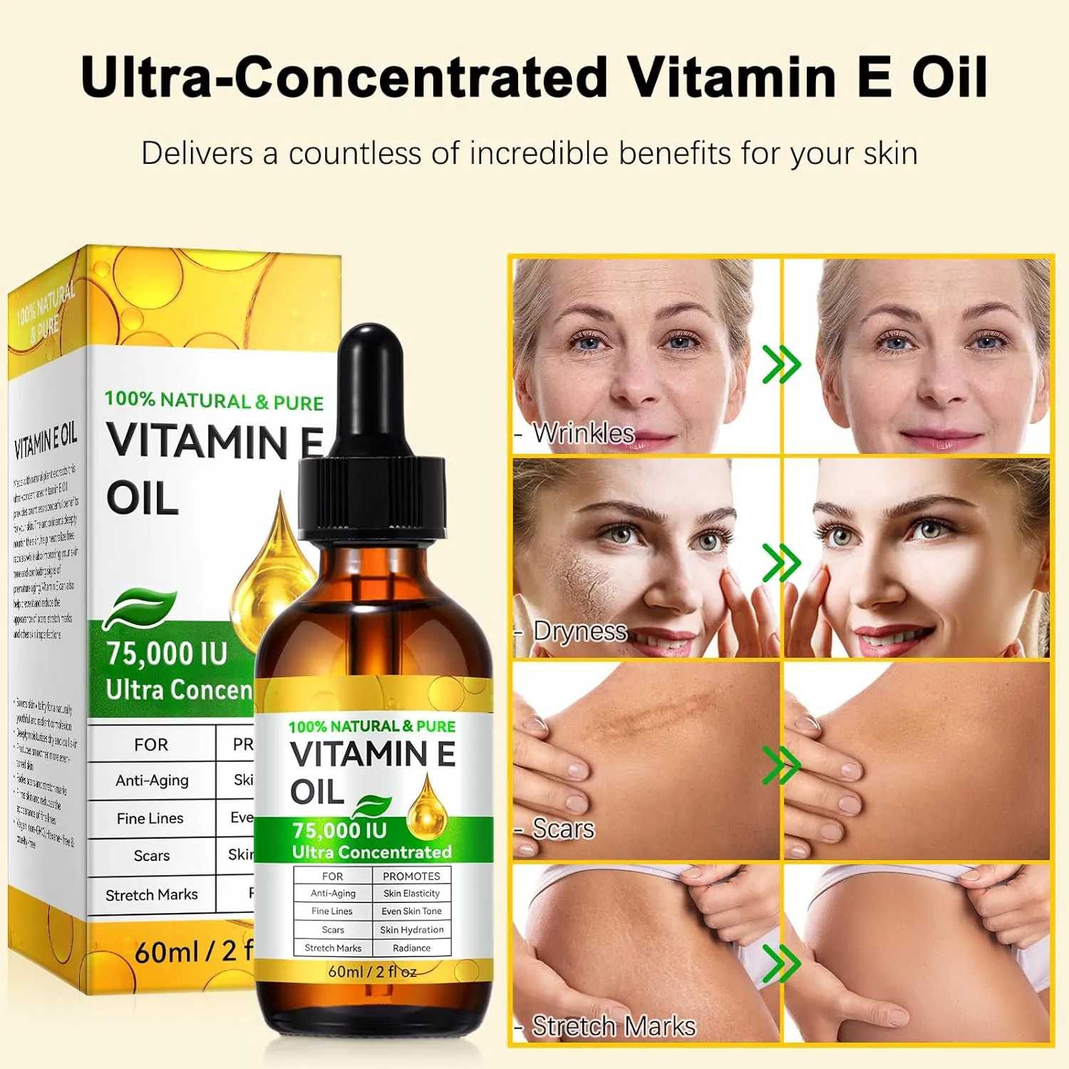 Vitamin E Oil for Skin - 75,000 IU | Vitamin E Oil for Scars, Stretch Marks, Wrinkles, 100% Natural d-Alpha Tocopherol for Face & Hair, Moisturizing Anti-Aging (4 Fl Oz)