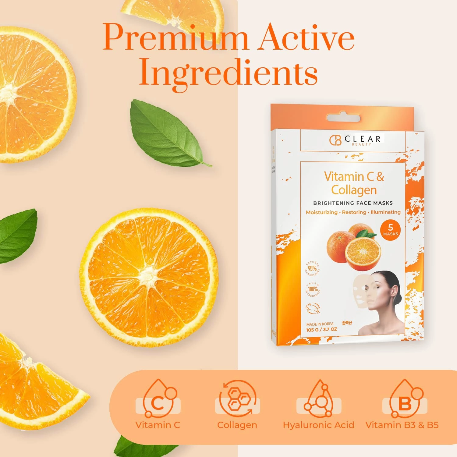 Vitamin C & Collagen Face Mask - Dermatologist Tested, Diminishes Fine Lines & Wrinkles, Anti-Aging, Natural Ingredients Cruelty-Free Korean Skin Care, All Skin Types - 4 Pack