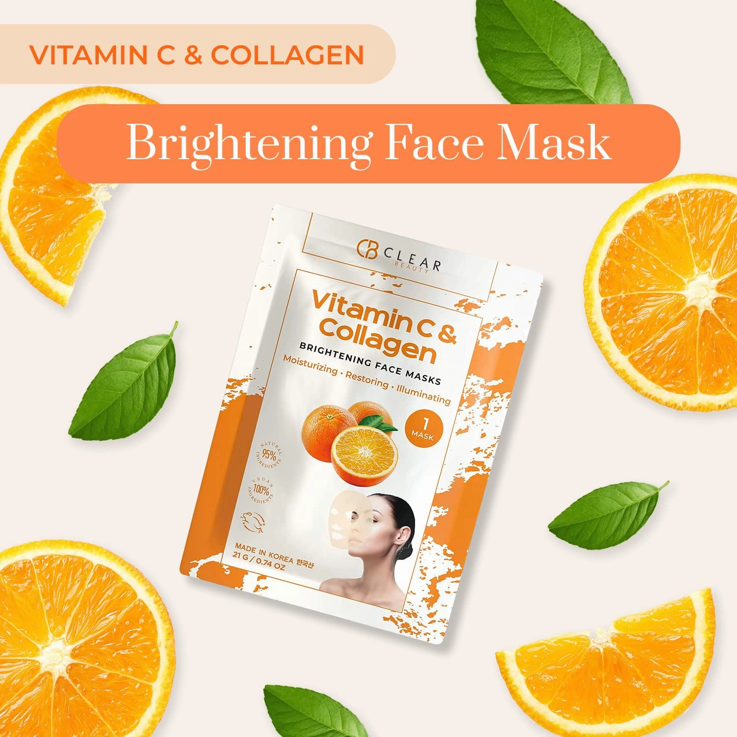 Vitamin C & Collagen Face Mask - Dermatologist Tested, Diminishes Fine Lines & Wrinkles, Anti-Aging, Natural Ingredients Cruelty-Free Korean Skin Care, All Skin Types - 4 Pack