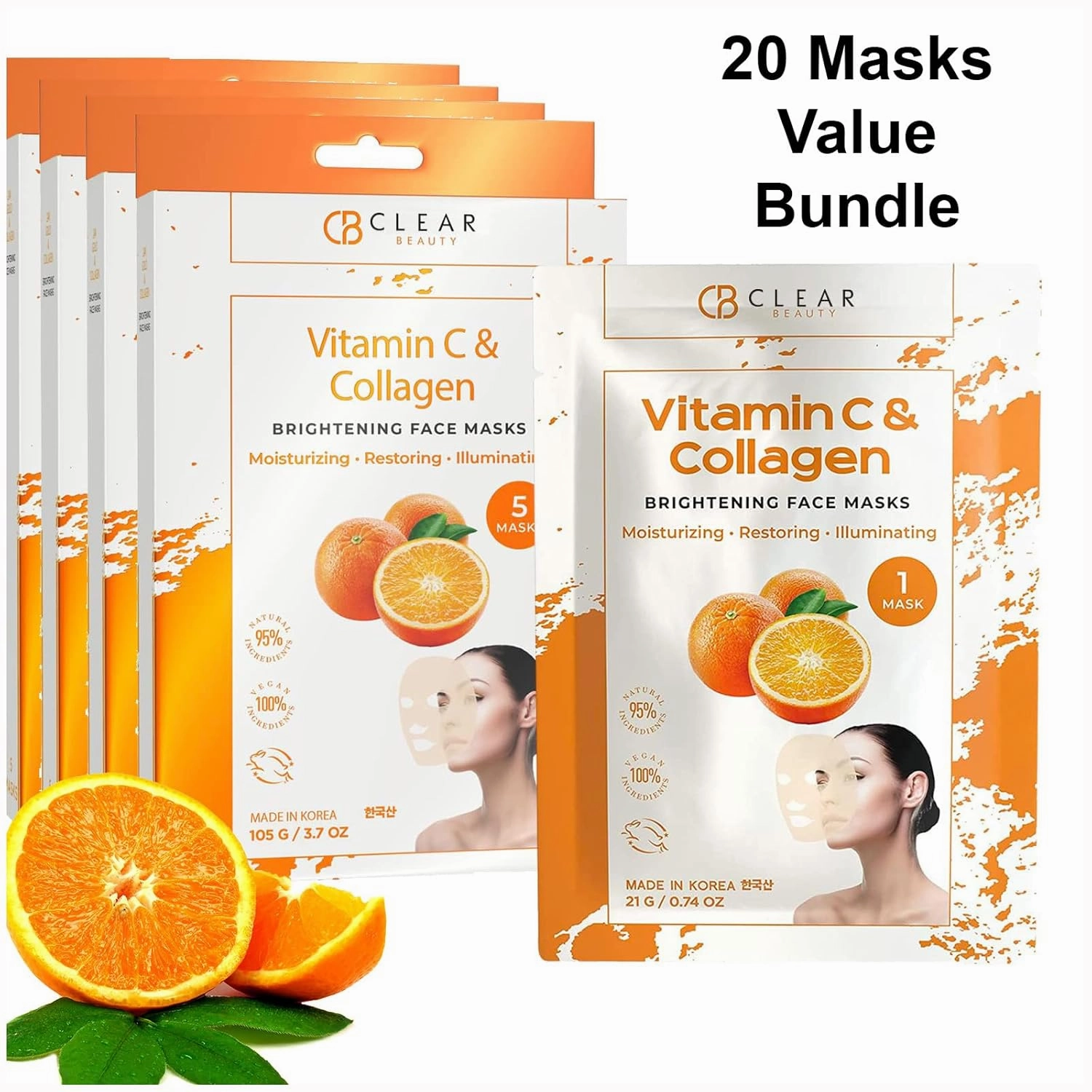 Vitamin C & Collagen Face Mask - Dermatologist Tested, Diminishes Fine Lines & Wrinkles, Anti-Aging, Natural Ingredients Cruelty-Free Korean Skin Care, All Skin Types - 4 Pack