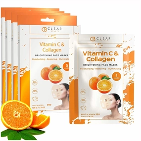 Vitamin C & Collagen Face Mask - Dermatologist Tested, Diminishes Fine Lines & Wrinkles, Anti-Aging, Natural Ingredients Cruelty-Free Korean Skin Care, All Skin Types - 4 Pack