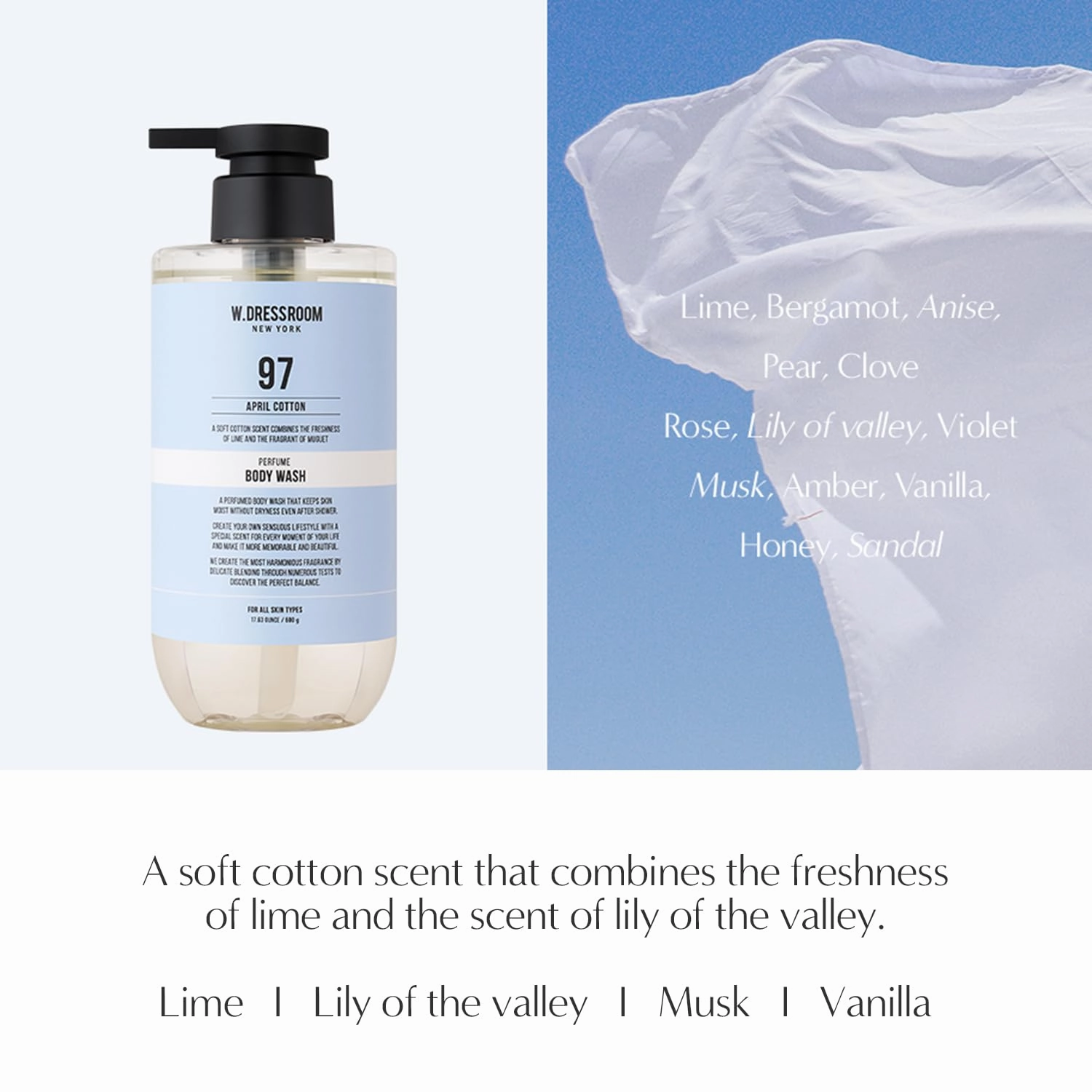 W.Dressroom No.97 April Cotton Perfumed Body Wash – Refreshing Citrus Musk Scent with Lime and Soft Vanilla, Moisturizing Shower Gel (16.9 fl oz)