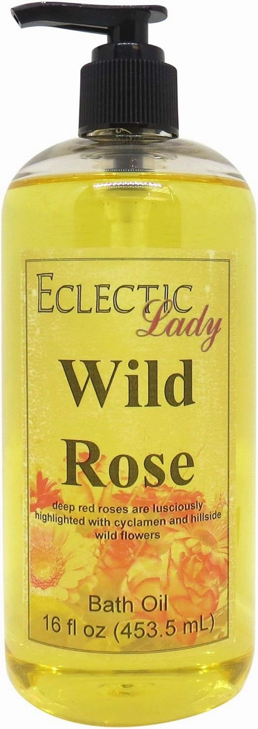 Wild Rose Bath Oil by Eclectic Lady - Scented Bath Oil - Relaxing & Moisturizing Bathing Oil - Fragrance Body Oil For Dry & Rough Sensitive Skin - Body Daily Nourishing Shower Oil (16 oz)
