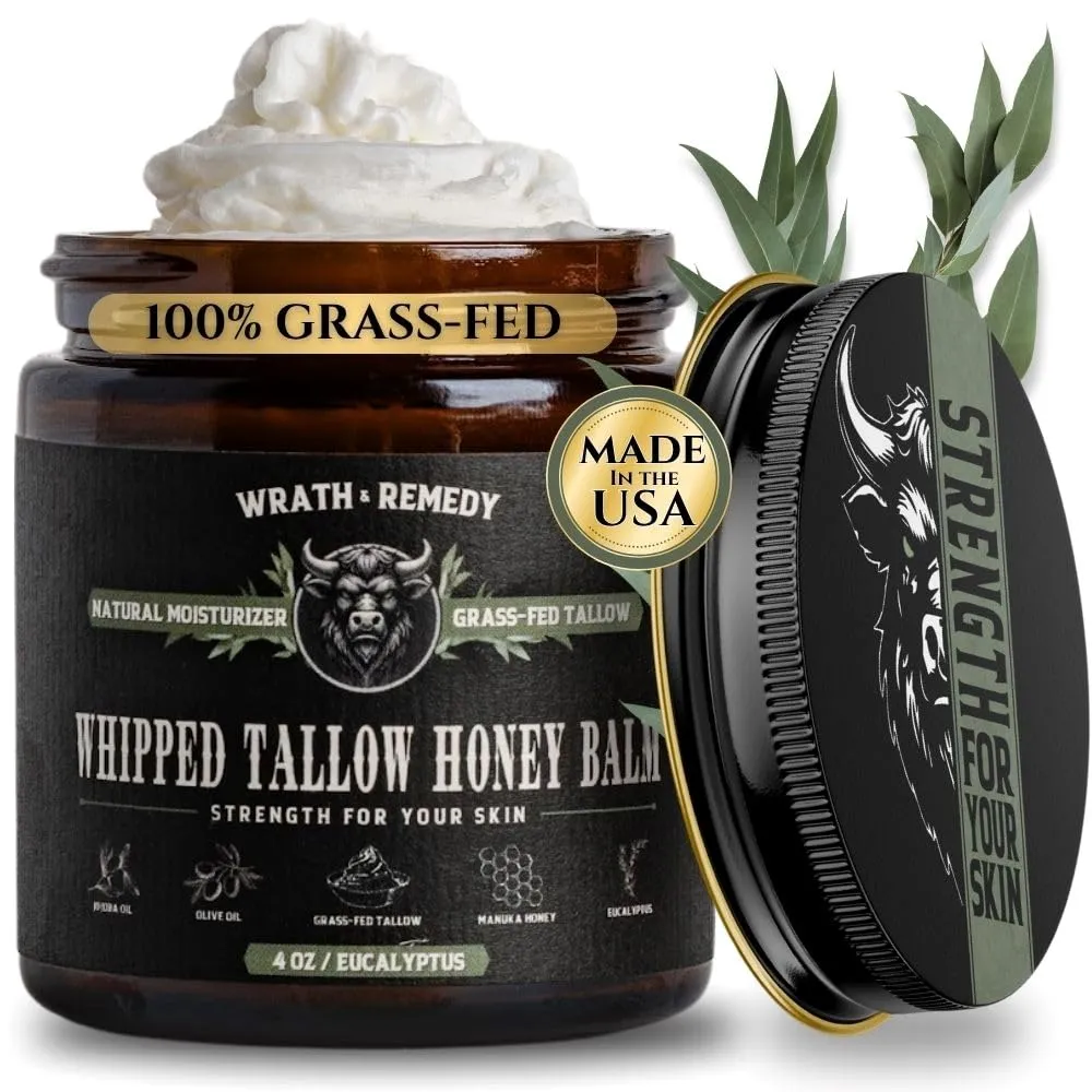 Wrath & Remedy Handmade Whipped Organic Beef Tallow for Skin - 4 OZ (Eucalyptus) — Grass Fed Beef Tallow Moisturizer and Honey Balm for Silky, Sensitive-Skin, Eczema, Rosacea - Free of Harsh Chemicals