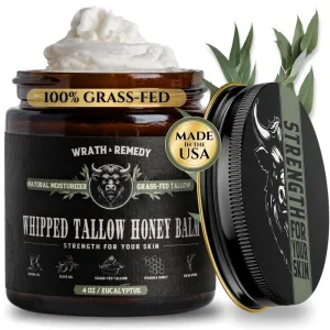 Wrath & Remedy Handmade Whipped Organic Beef Tallow for Skin - 4 OZ (Eucalyptus) — Grass Fed Beef Tallow Moisturizer and Honey Balm for Silky, Sensitive-Skin, Eczema, Rosacea - Free of Harsh Chemicals