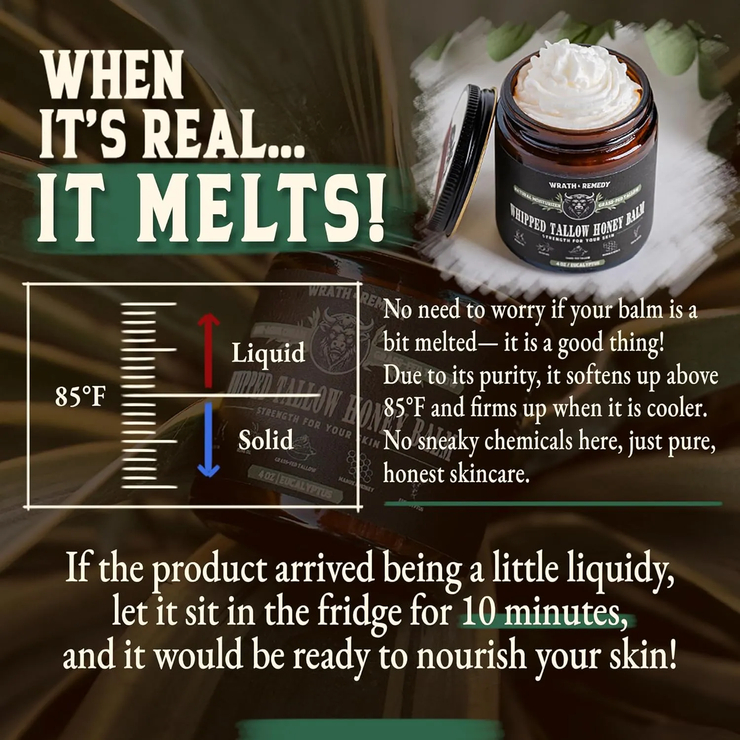 Wrath & Remedy Handmade Whipped Organic Beef Tallow for Skin - 4 OZ (Eucalyptus) — Grass Fed Beef Tallow Moisturizer and Honey Balm for Silky, Sensitive-Skin, Eczema, Rosacea - Free of Harsh Chemicals