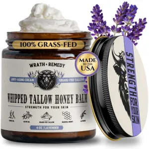 Wrath & Remedy Handmade Whipped Organic Beef Tallow for Skin - 4 OZ (Lavender) — Grass Fed Beef Tallow Moisturizer and Honey Balm for Silky, Sensitive-Skin, Eczema, Rosacea - Free of Harsh Chemicals