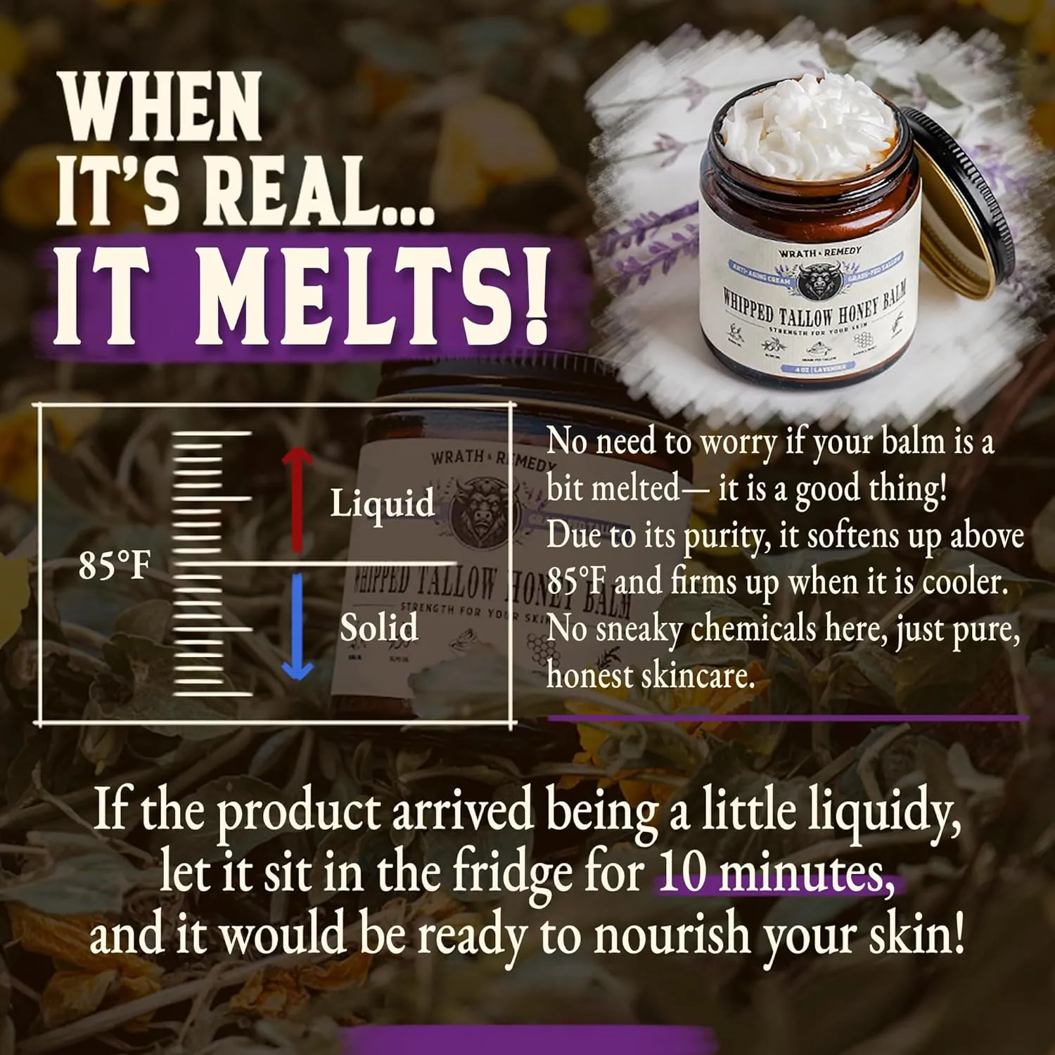 Wrath & Remedy Handmade Whipped Organic Beef Tallow for Skin - 4 OZ (Lavender) — Grass Fed Beef Tallow Moisturizer and Honey Balm for Silky, Sensitive-Skin, Eczema, Rosacea - Free of Harsh Chemicals