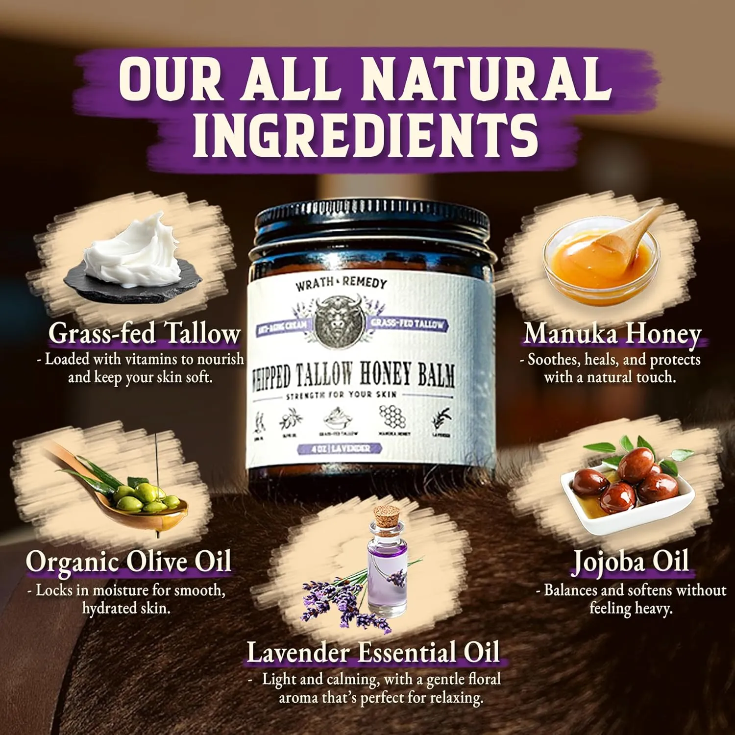 Wrath & Remedy Handmade Whipped Organic Beef Tallow for Skin - 4 OZ (Lavender) — Grass Fed Beef Tallow Moisturizer and Honey Balm for Silky, Sensitive-Skin, Eczema, Rosacea - Free of Harsh Chemicals