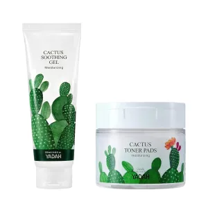 YADAH Cactus Soothing Gel 8.45fl oz & Cactus Toner Pads 60 Count - Cactus Extract, Vegan Sunburn Relief, Calm, Cool & Soothe Irritated Skin, Face Redness - Cruelty Free Facial Cleansing Wipes