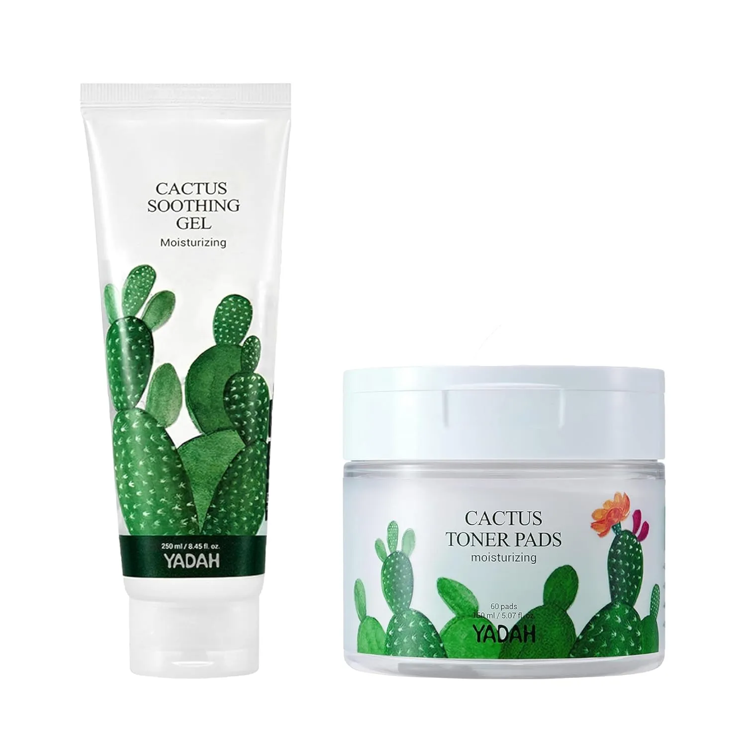 YADAH Cactus Soothing Gel 8.45fl oz & Cactus Toner Pads 60 Count - Cactus Extract, Vegan Sunburn Relief, Calm, Cool & Soothe Irritated Skin, Face Redness - Cruelty Free Facial Cleansing Wipes