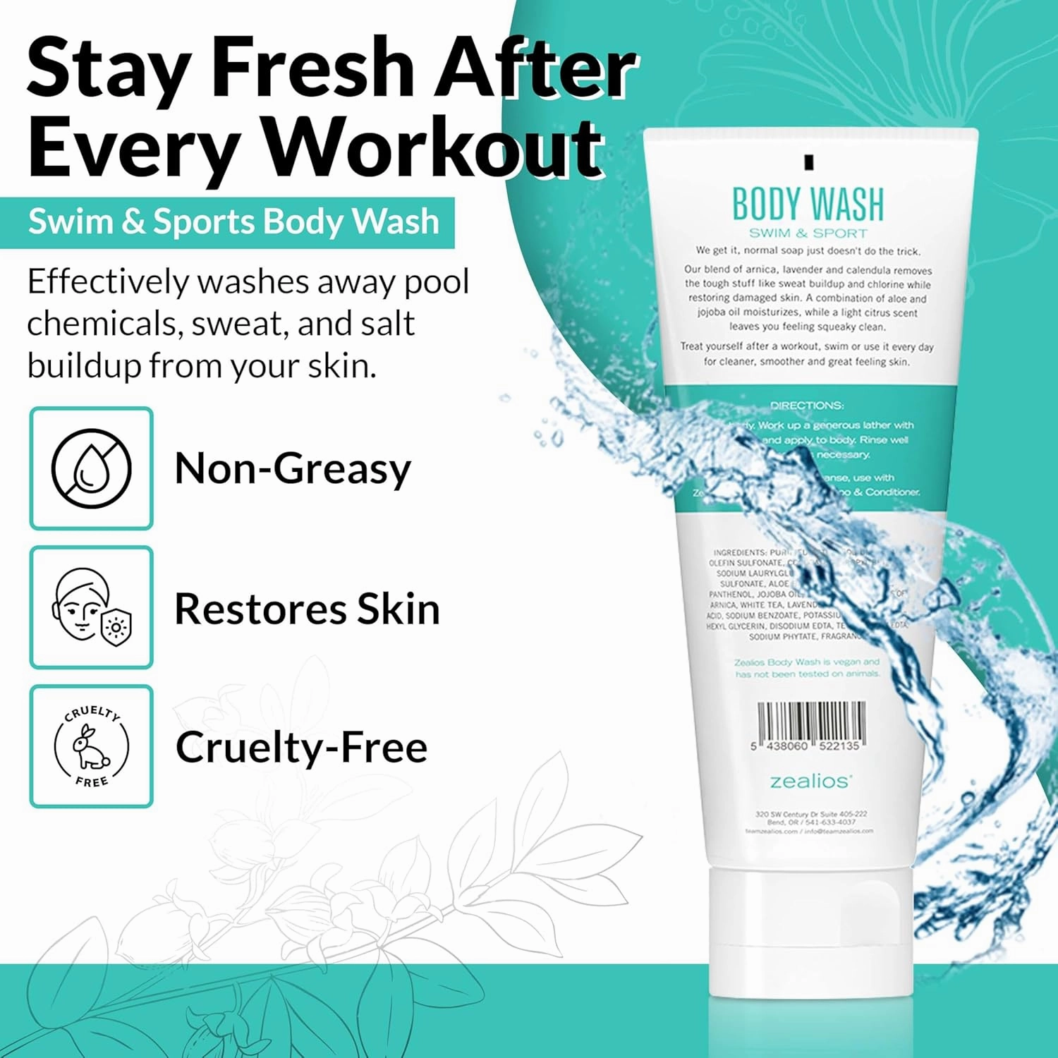 Zealios Swim & Sport Body Wash for Swimmers & Athletes 8oz, Skin Care Solution for Men & Women, Removes Chlorine, Sweat & Odor, Provides Cleansing and Hydration from Pool Chemicals, Light Citrus Scent