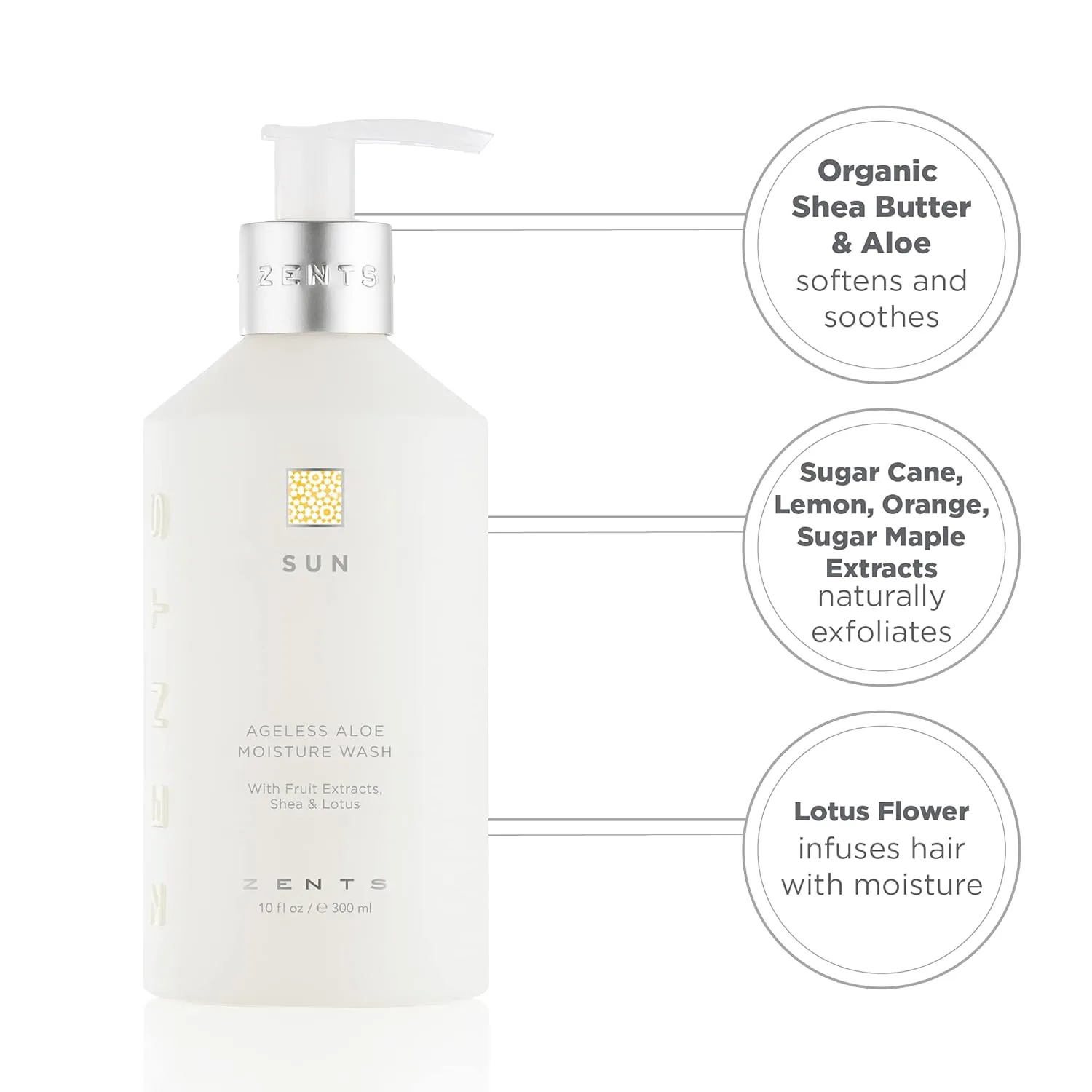 Zents Hand & Body Wash (Sun Fragrance) | Hydrating Anti-Aging Cleanser with Organic Shea Butter & Aloe for Dry Skin | Gentle & Nourishing | 10 fl oz